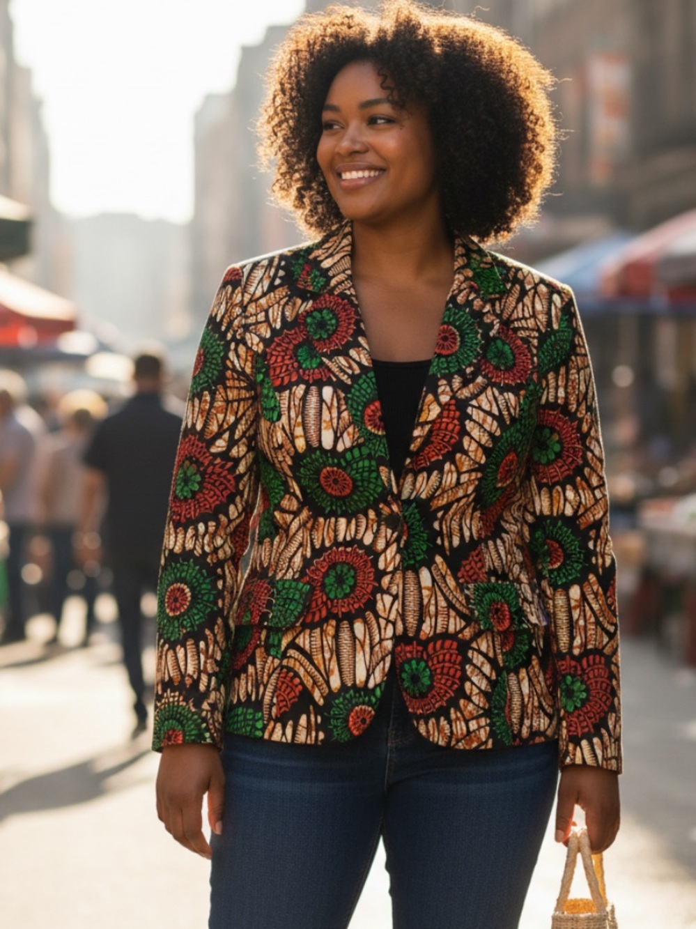 Women's Multicolor Printed Single-Button Blazer - Black, Green & Red